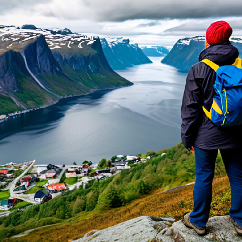 Fjord Exploration**
A fully clothed tourist wearing practical hiking gear and a warm jacket, standing on a rocky overlook, gazing at a majestic Norwegian fjord. A small, colorful village nestles along the shoreline. The sky is partly cloudy, suggesting dramatic weather. The scene conveys a sense of adventure and natural beauty. Safe for work, appropriate content, perfect anatomy, correct proportions, natural pose, high quality, professional photography, family-friendly, modest clothing.
**