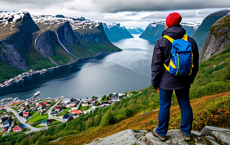 Fjord Exploration**

A fully clothed tourist wearing practical hiking gear and a warm jacket, standing on a rocky overlook, gazing at a majestic Norwegian fjord. A small, colorful village nestles along the shoreline. The sky is partly cloudy, suggesting dramatic weather. The scene conveys a sense of adventure and natural beauty. Safe for work, appropriate content, perfect anatomy, correct proportions, natural pose, high quality, professional photography, family-friendly, modest clothing.

**