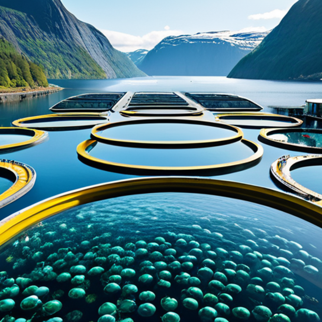 노르웨이의 해양 연구 및 과학 기술 - Futuristic Aquaculture Farm**

"A high-tech aquaculture farm in a Norwegian fjord, viewed from a low...