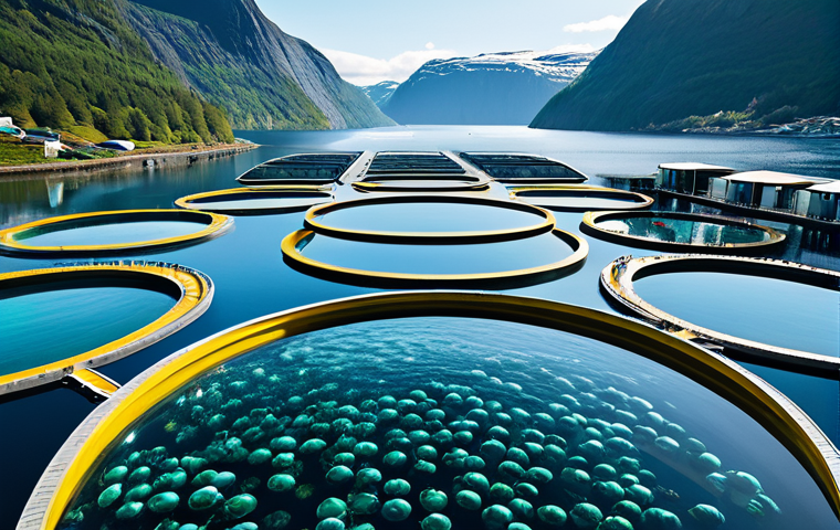 노르웨이의 해양 연구 및 과학 기술 - Futuristic Aquaculture Farm**

"A high-tech aquaculture farm in a Norwegian fjord, viewed from a low...