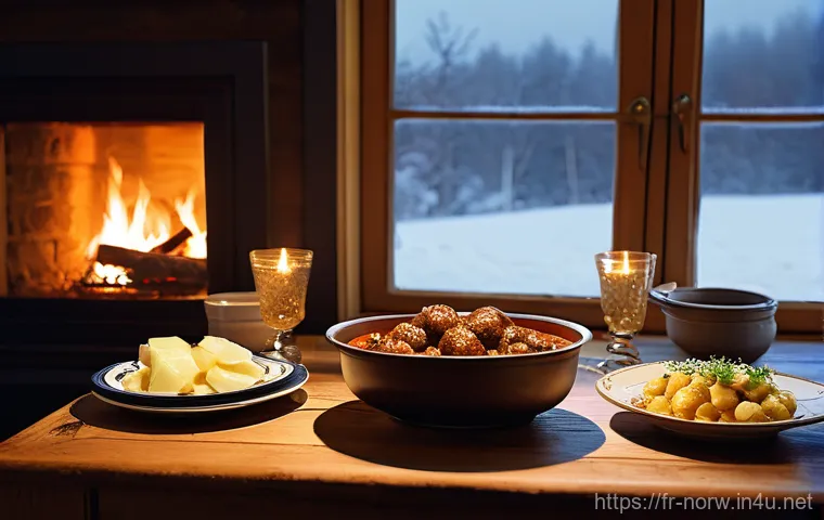 노르웨이 음식 문화와 인기 요리 - **Prompt for an image depicting the bounty of Norwegian seafood and traditional preparation:**
    "...