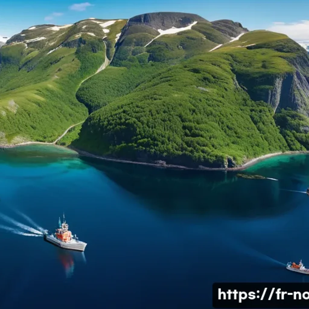 노르웨이 해양 생태 보호 - A panoramic view of a Norwegian marine protected area featuring rugged fjords and clear blue waters,...