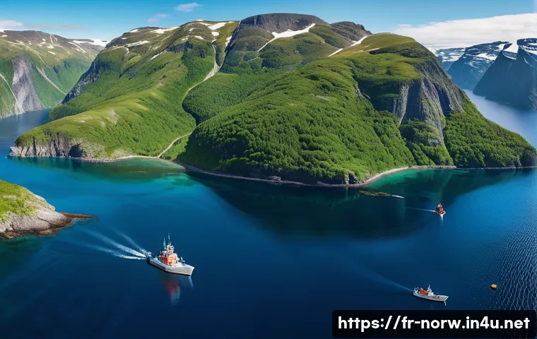 노르웨이 해양 생태 보호 - A panoramic view of a Norwegian marine protected area featuring rugged fjords and clear blue waters,...