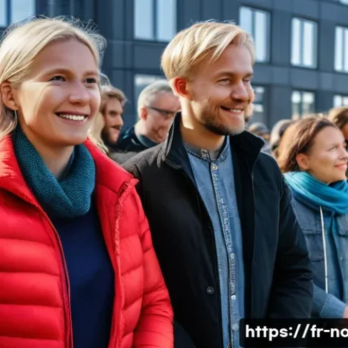 Home 33 노르웨이에서 일어났던 유명한 사건 - A diverse group of Norwegian citizens gathered in a modern urban public square during daylight, enga...