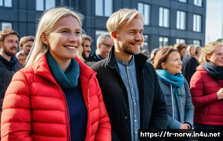 노르웨이에서 일어났던 유명한 사건 - A diverse group of Norwegian citizens gathered in a modern urban public square during daylight, enga...