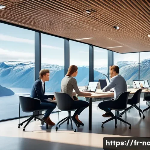 Home 32 노르웨이 비자 및 취업 - A modern Norwegian office scene showing a diverse group of professionals collaborating on renewable ...