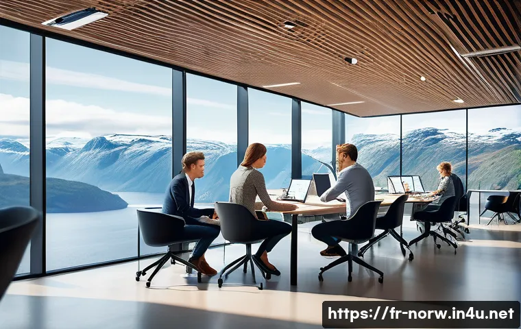 노르웨이 비자 및 취업 - A modern Norwegian office scene showing a diverse group of professionals collaborating on renewable ...