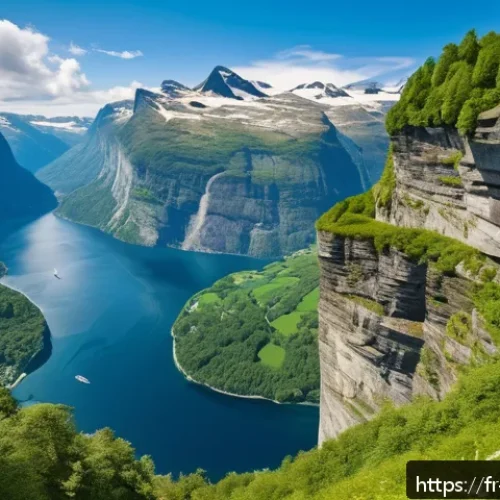 Home 31 노르웨이 하이킹 코스 추천 - A breathtaking panoramic view of Geirangerfjord in Norway during summer, featuring steep cliffs cove...