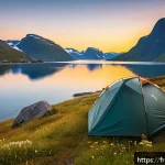 Home 18 노르웨이 캠핑과 자연 체험 - A serene Norwegian wilderness campsite near a fjord at sunset, featuring a sturdy waterproof tent pi...