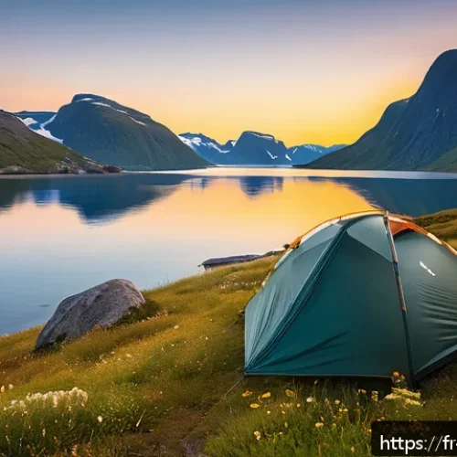 Home 30 노르웨이 캠핑과 자연 체험 - A serene Norwegian wilderness campsite near a fjord at sunset, featuring a sturdy waterproof tent pi...