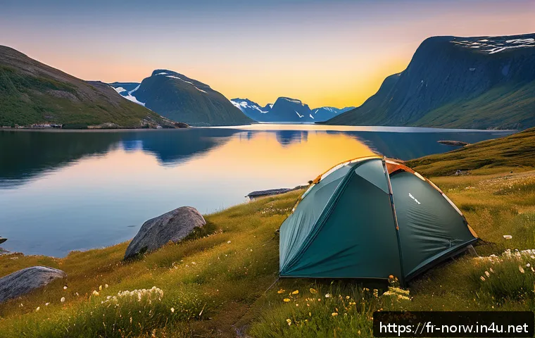 노르웨이 캠핑과 자연 체험 - A serene Norwegian wilderness campsite near a fjord at sunset, featuring a sturdy waterproof tent pi...
