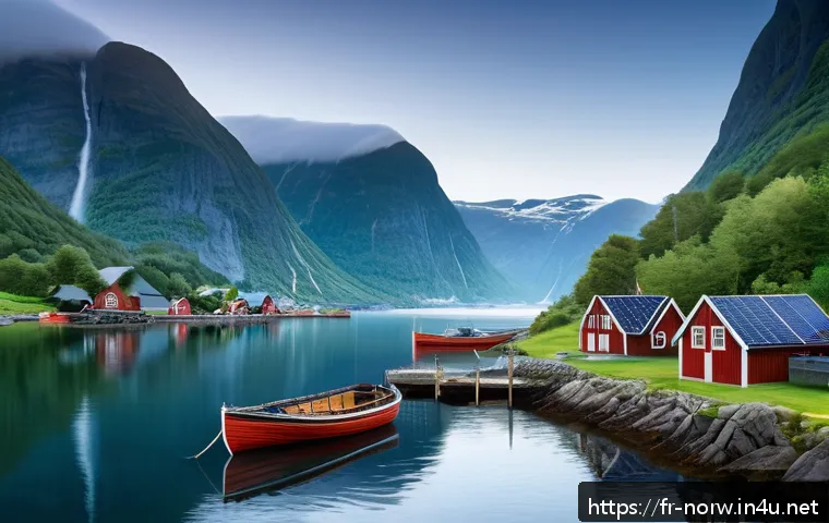 노르웨이 국민 정체성 - A serene Norwegian fjord landscape at dawn, with traditional wooden fishing boats docked near rustic...