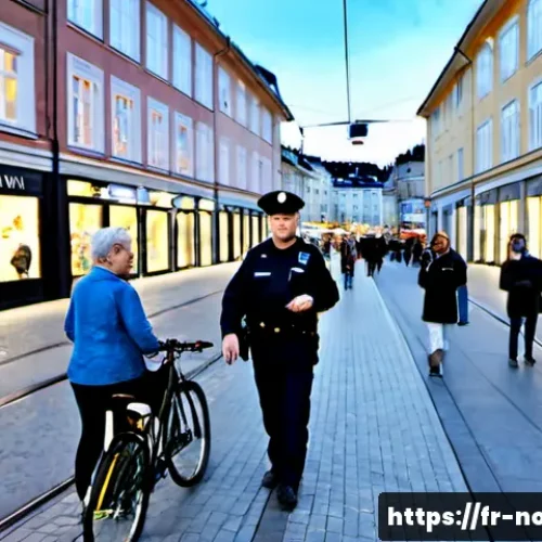 노르웨이 범죄율 및 안전 - Photorealistic evening scene in Oslo, Norway, showing a well-lit pedestrian street with a diverse gr...