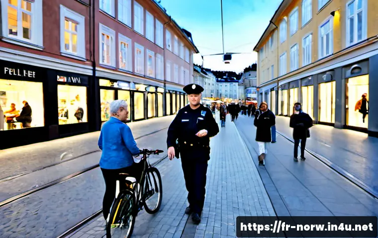 노르웨이 범죄율 및 안전 - Photorealistic evening scene in Oslo, Norway, showing a well-lit pedestrian street with a diverse gr...