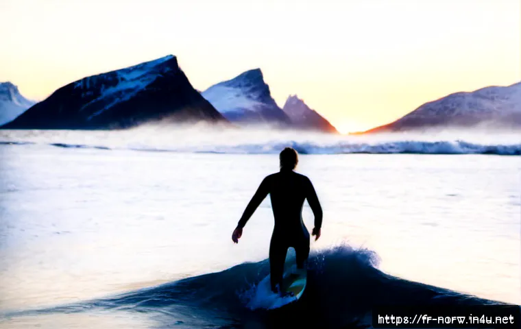 노르웨이 서핑과 해양 스포츠 - Photorealistic wide coastal scene in northern Norway, a fully wetsuited surfer riding a clean cold-w...
