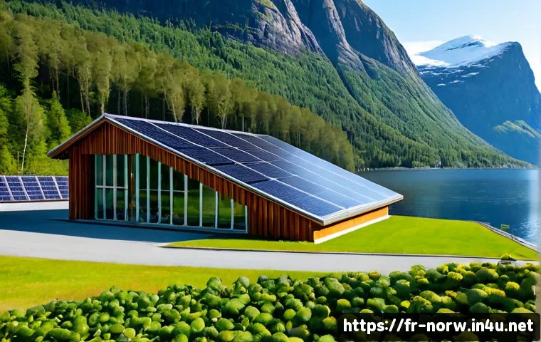 노르웨이 친환경 건축물 - Photorealistic wide-angle view of a sustainable Norwegian timber office building beside a calm fjord...