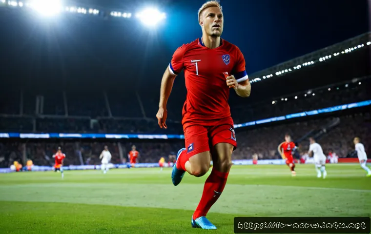 Home 15 노르웨이의 대표적인 축구 선수 - Photorealistic Norwegian male football striker in a plain red national-style jersey with subtle navy...
